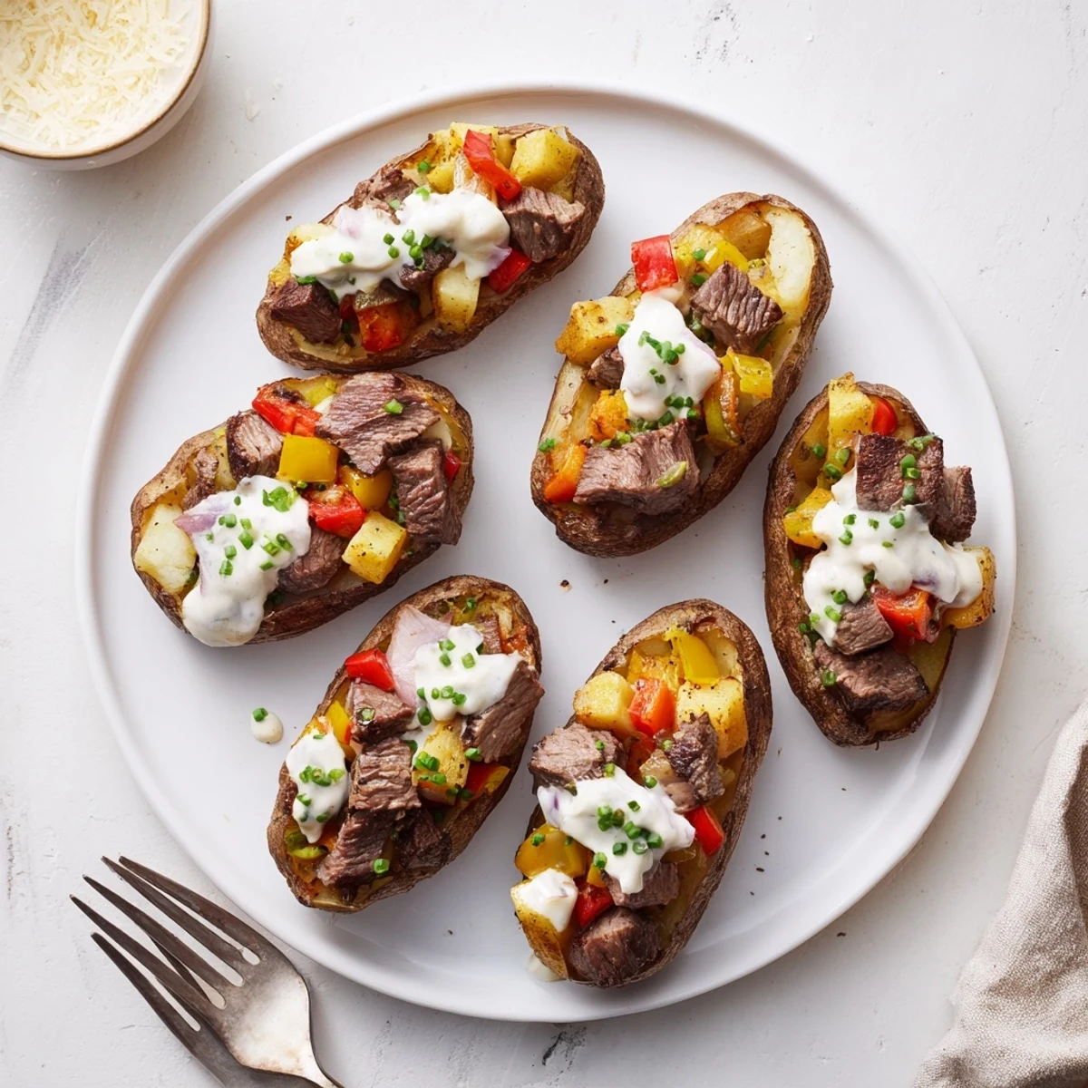 Golden baked potatoes loaded with seasoned steak cubes and drizzled with velvety Parmesan cream sauce