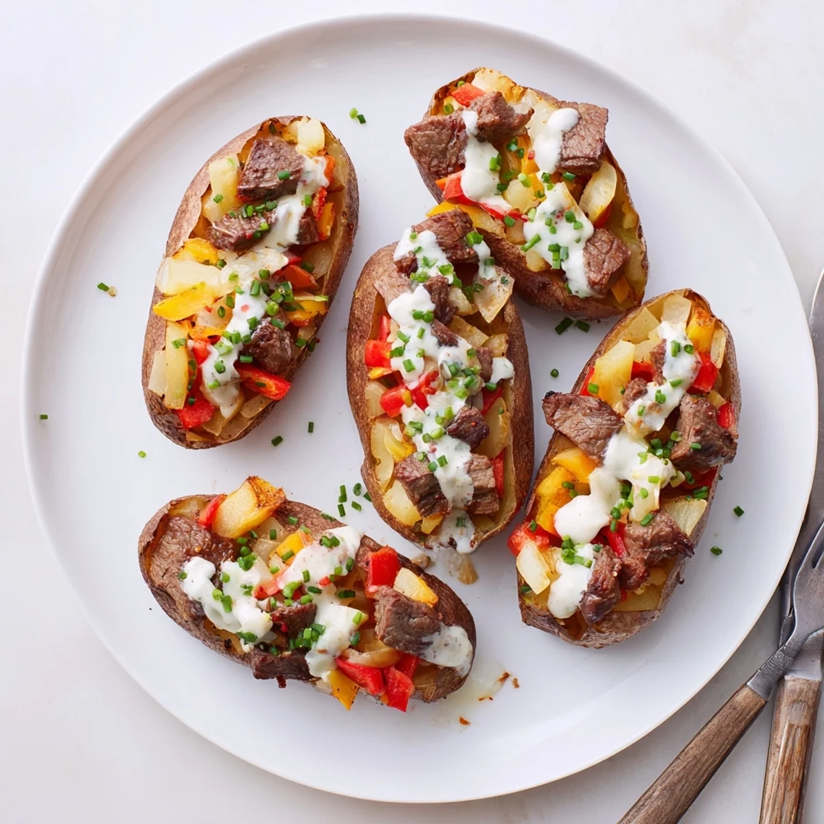 Fluffy russet potatoes topped with juicy seared steak and rich white Parmesan sauce finished with chives