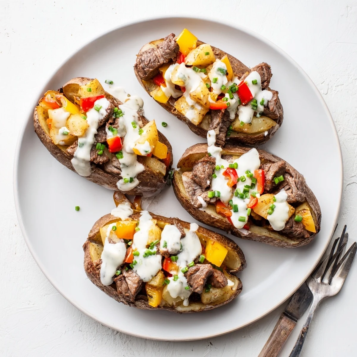 Comforting stuffed baked potatoes featuring tender steak pieces swimming in a homemade creamy Parmesan cheese sauce