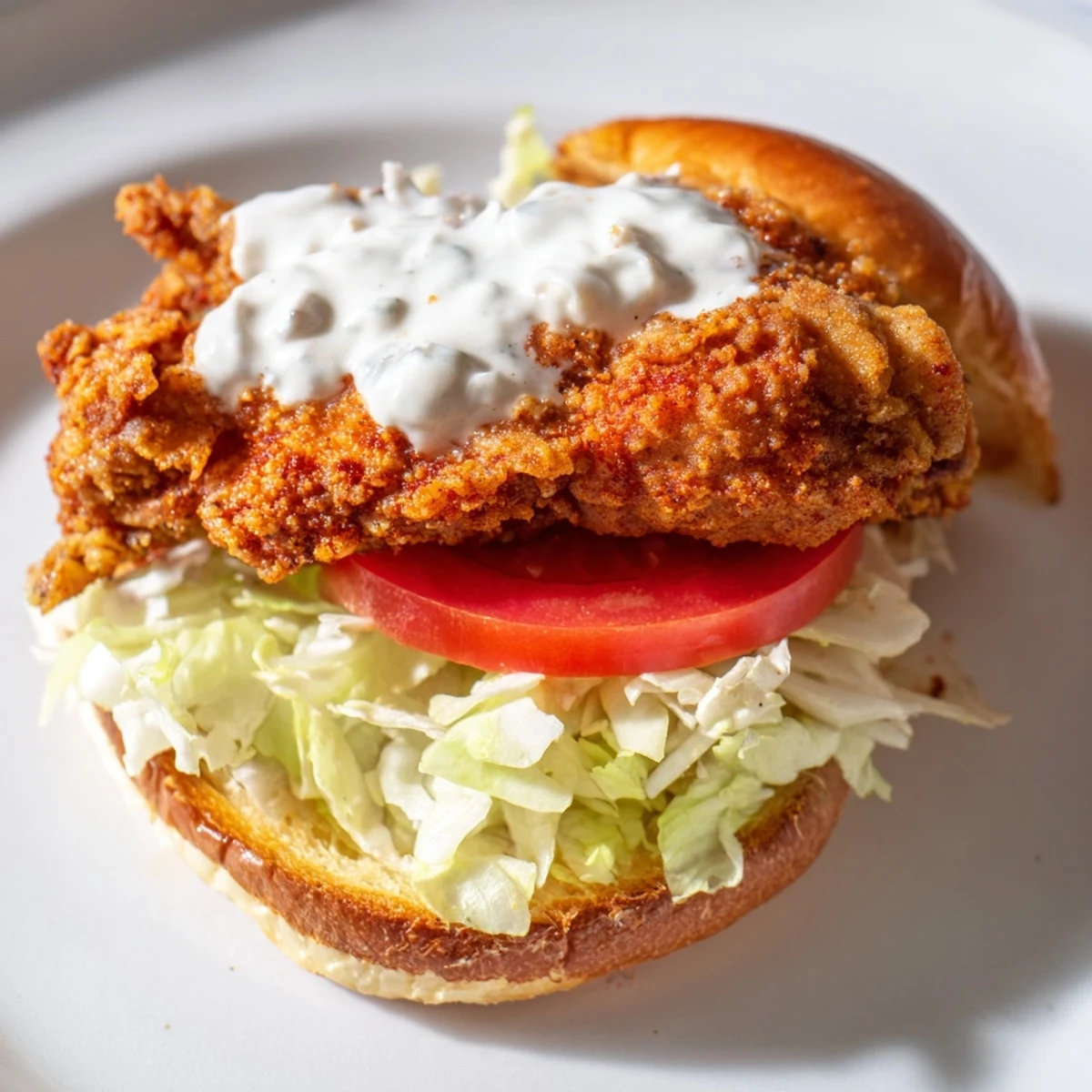 Golden crispy spicy chicken sandwich topped with fresh lettuce and pickles on toasted brioche bun