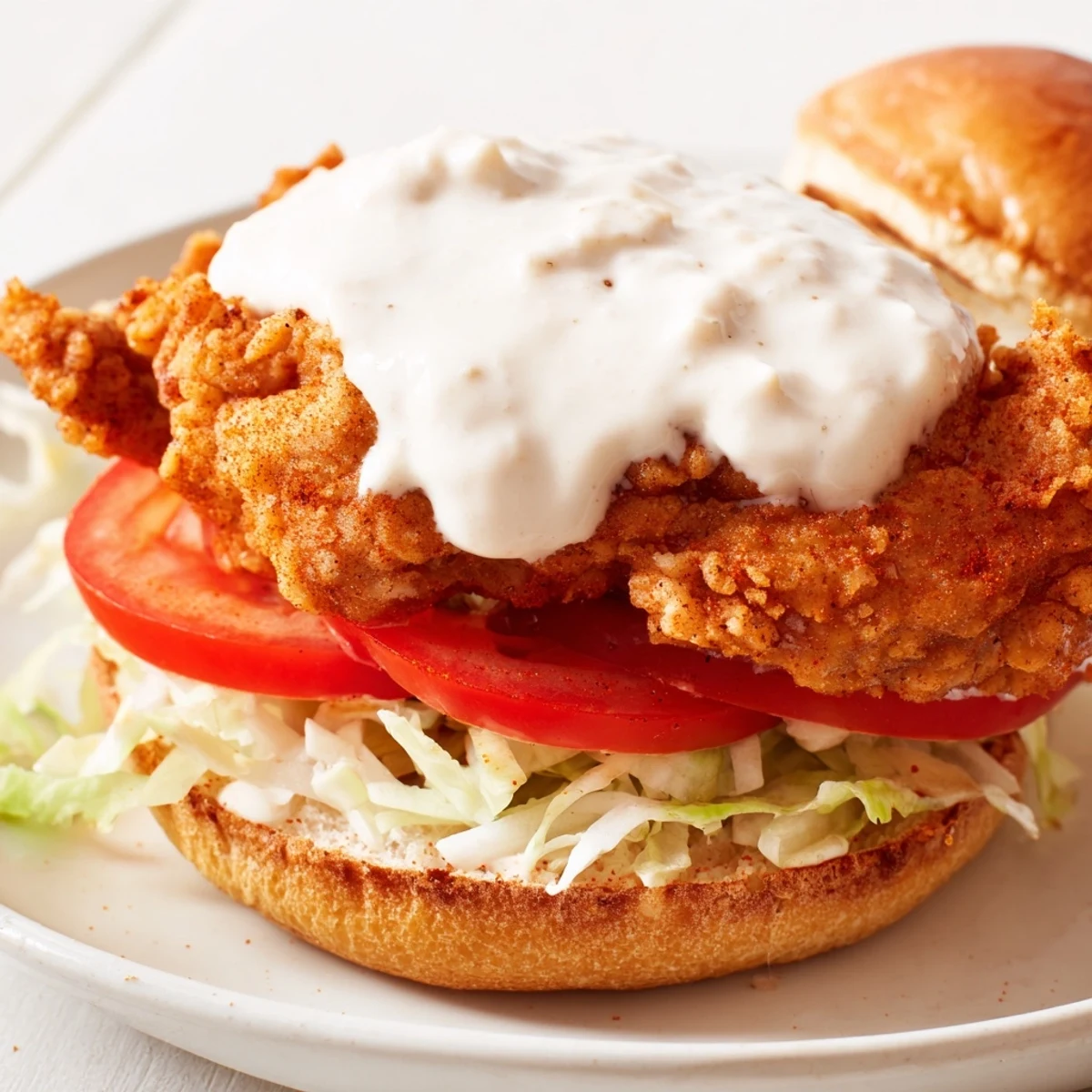 Homemade spicy chicken sandwich featuring juicy fried breast with creamy sauce and ripe tomato slices