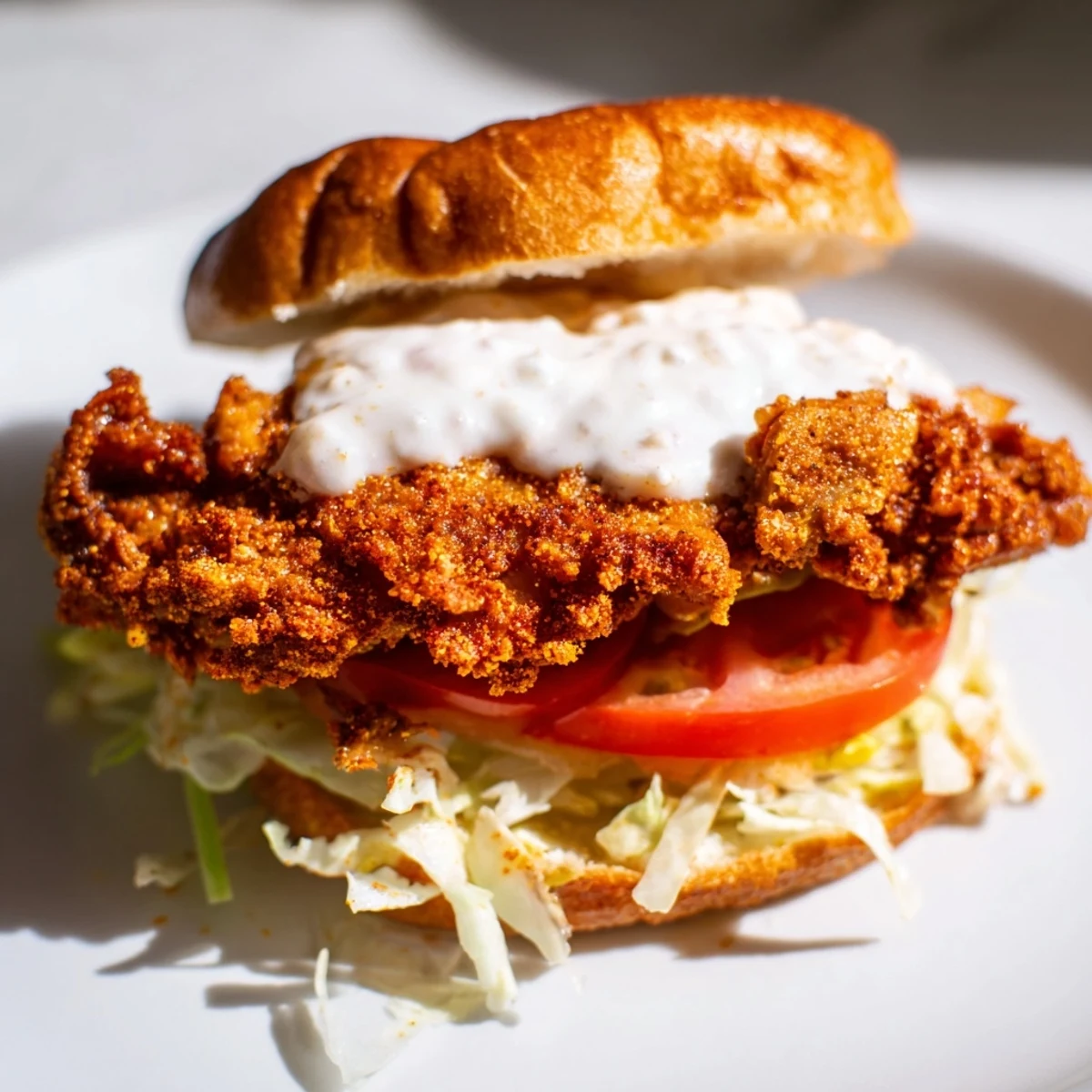 Crispy fried spicy chicken sandwich stacked high with tangy sauce and crisp lettuce on bun