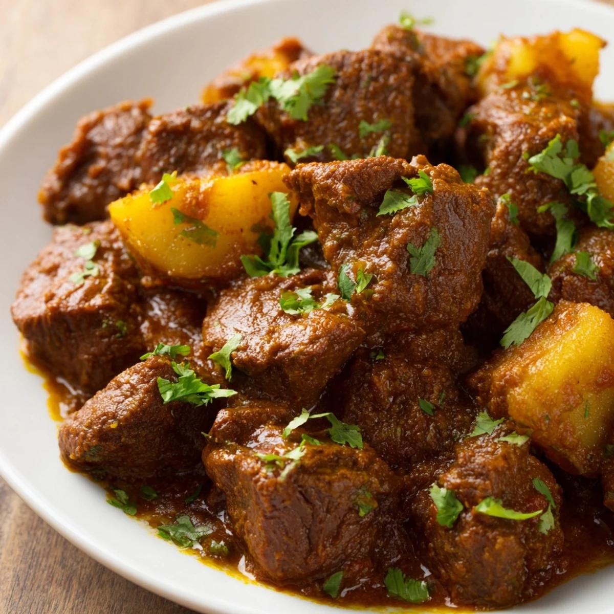 Tender slow cooker Indian beef curry with rich coconut sauce and fresh cilantro garnish served over fluffy white rice in a shallow bowl