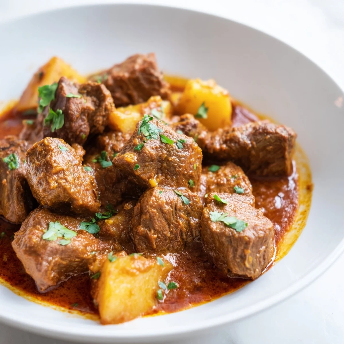 Hearty slow cooker Indian beef curry featuring fall-apart beef chunks potatoes and aromatic spices in a golden sauce sprinkled with green herbs