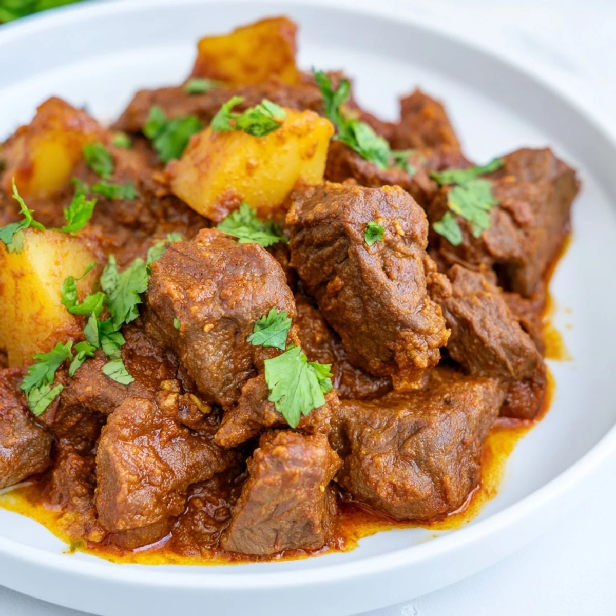 Steamy slow cooker Indian beef curry dish with tender meat cubes in spiced gravy topped with vibrant cilantro leaves alongside warm naan bread