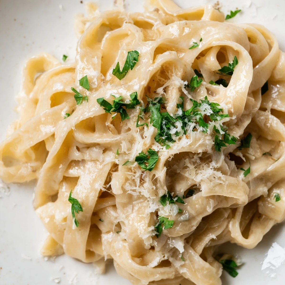 Creamy fettuccine Alfredo pasta coated in silky Parmesan butter sauce with fresh parsley garnish