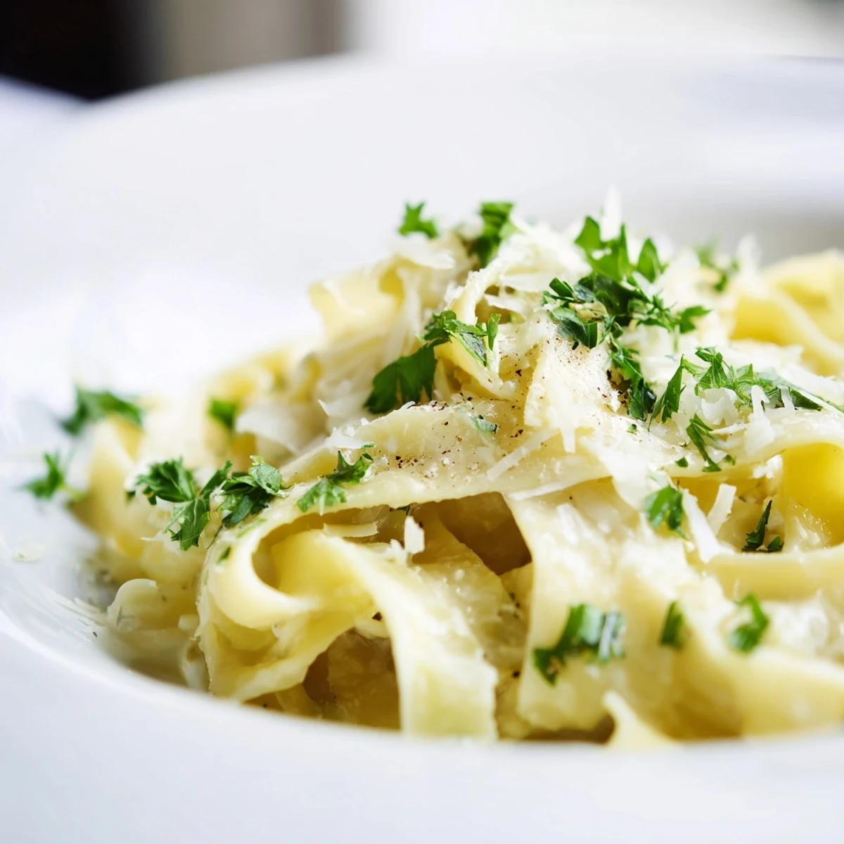 Homemade fettuccine Alfredo featuring smooth butter Parmesan cream sauce over al dente pasta ribbons