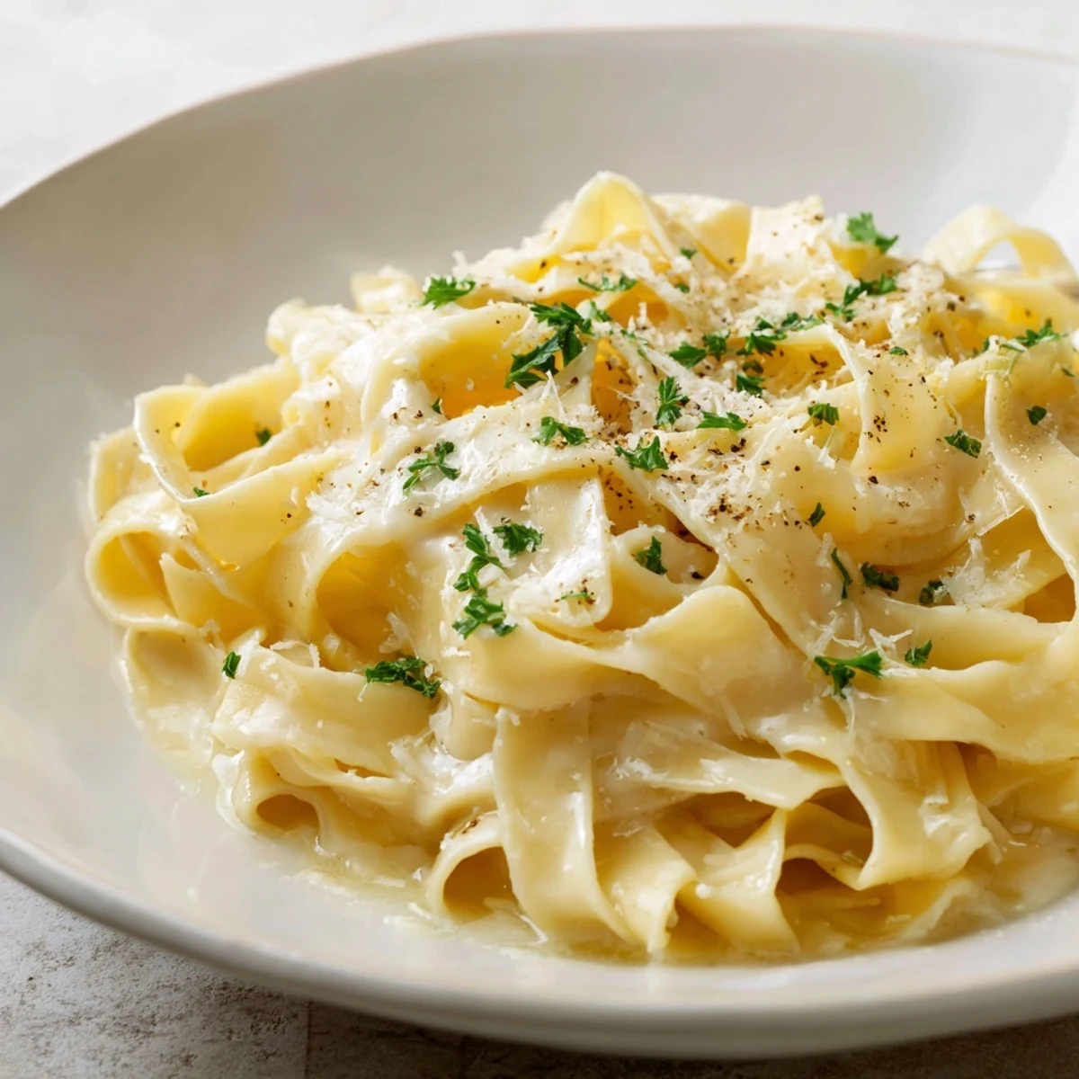 Golden fettuccine noodles tossed in rich white Alfredo sauce with grated Parmesan cheese topping