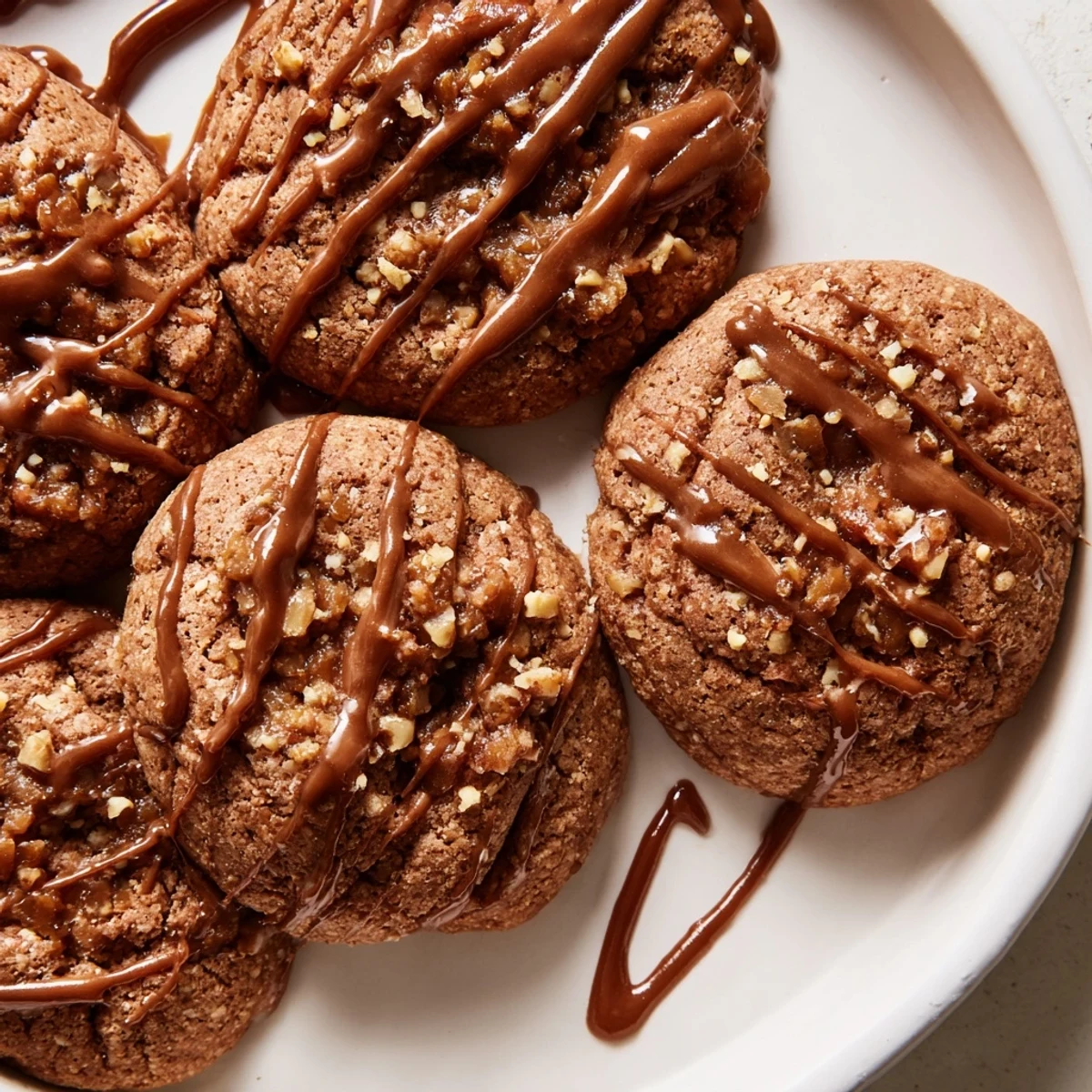Golden brown sticky toffee pudding cookies drizzled with rich warm toffee glaze