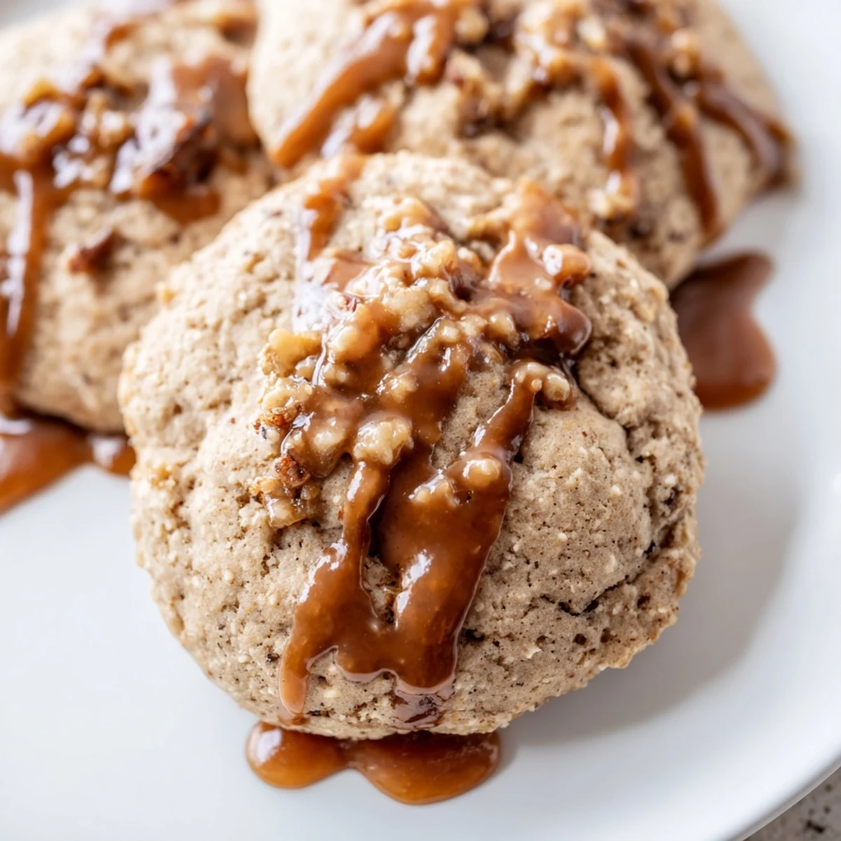 Batch of homemade sticky toffee pudding cookies with glossy caramel glaze on cooling rack