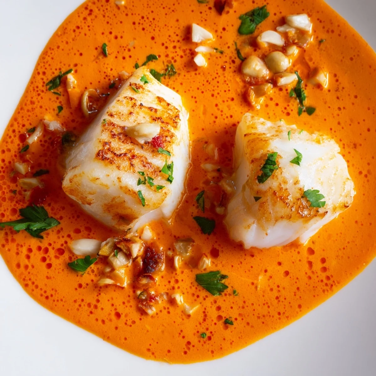 Golden cod fillets poached in creamy roasted red pepper sauce with fresh parsley garnish