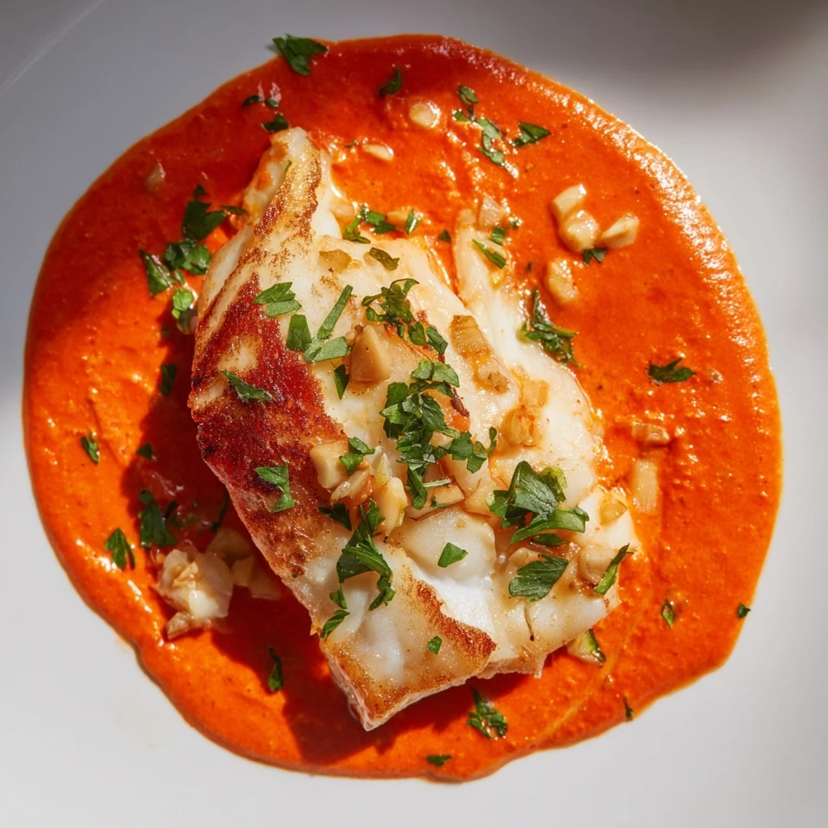 Flaky white cod simmered in vibrant red pepper sauce finished with lemon wedges