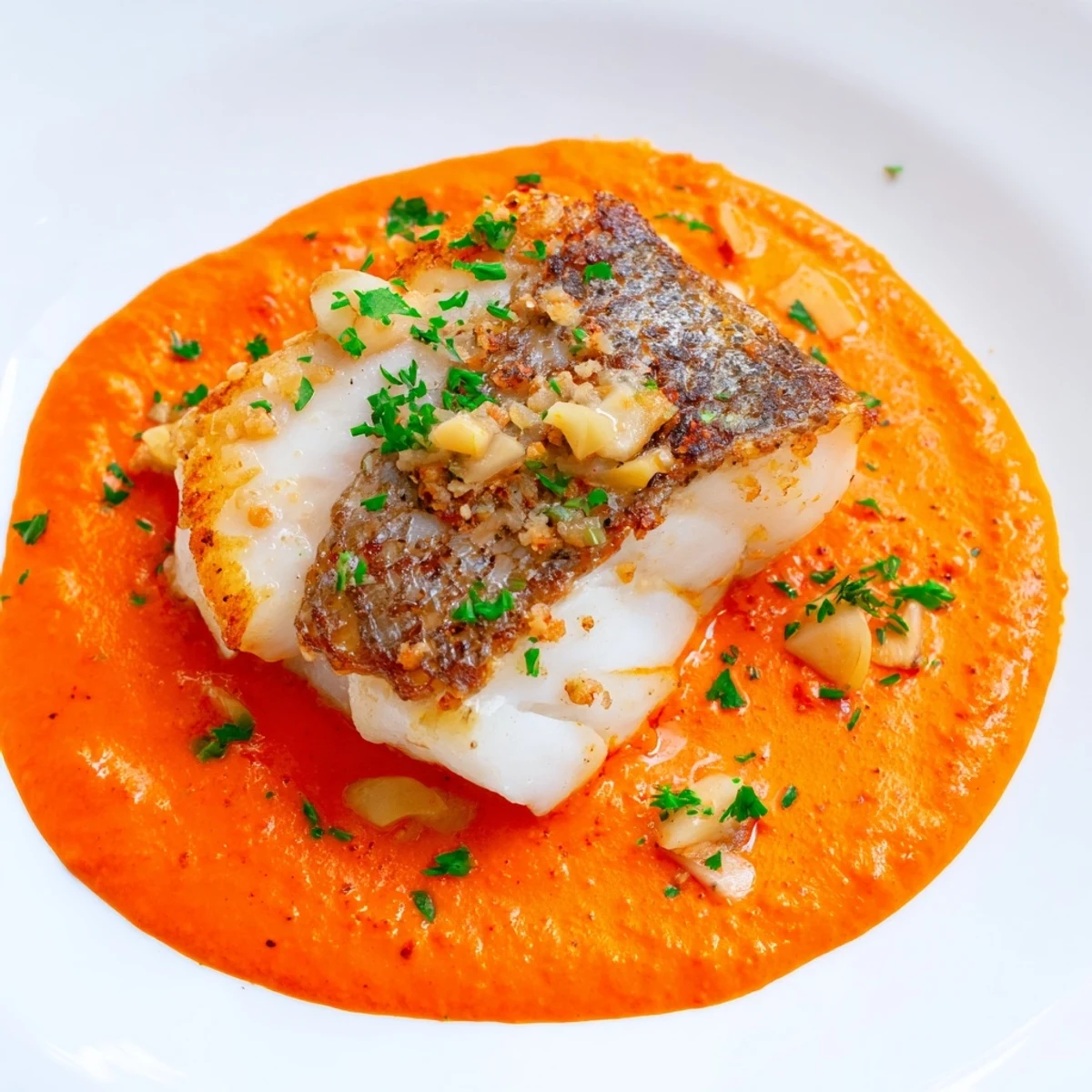 Mediterranean baked cod swimming in smooth roasted red pepper cream sauce served piping hot
