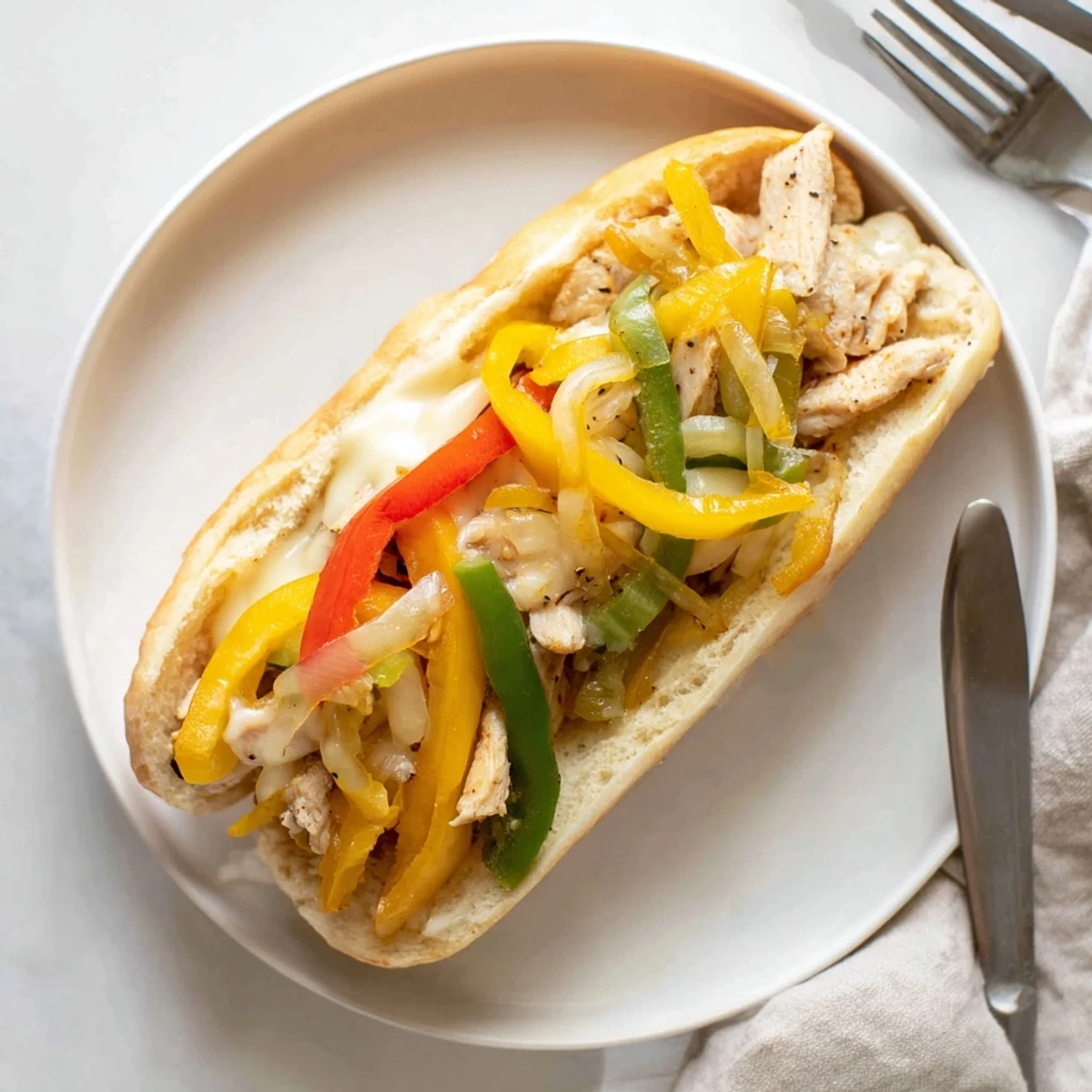 Golden chicken cheese steak sandwich overflowing with sautéed peppers onions and melted provolone on toasted hoagie roll