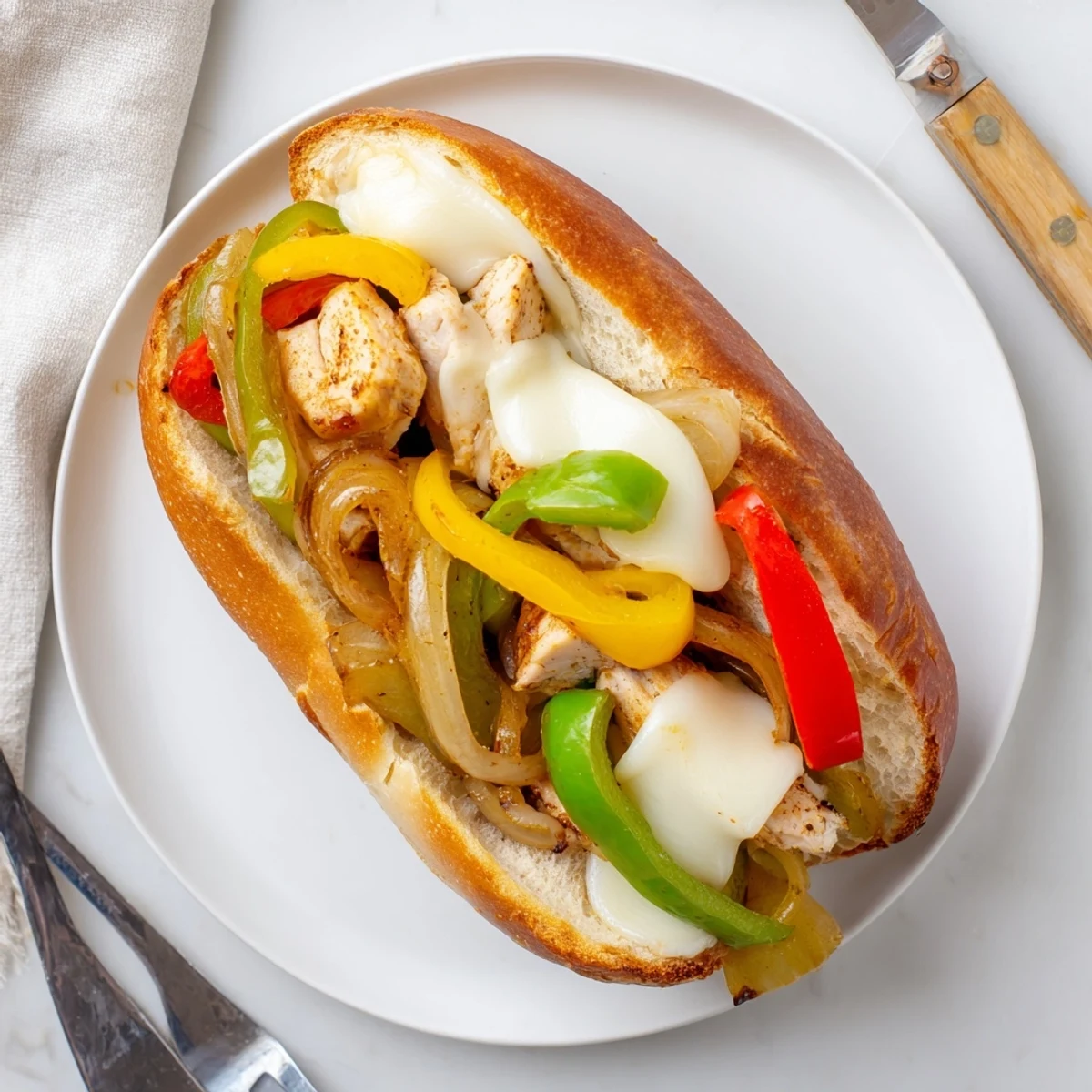 Ultimate chicken cheese steak sandwich features juicy seasoned chicken with caramelized vegetables and gooey cheese in buttered roll