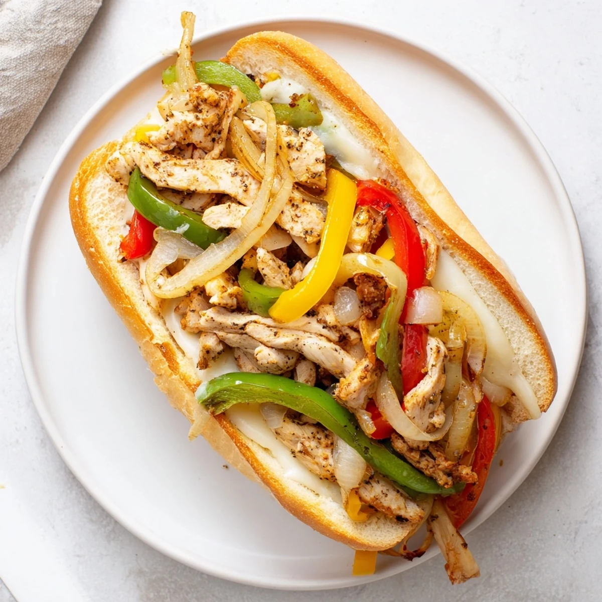 Sliced chicken cheese steak sandwich packed with colorful bell peppers onions and bubbling provolone on golden baked roll