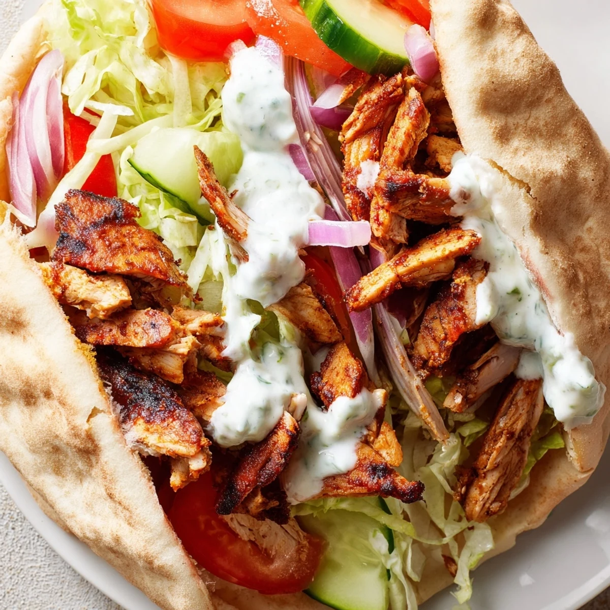 Sliced chicken shawarma seasoned with aromatic Middle Eastern spices served over fluffy pita with colorful tomato and lettuce