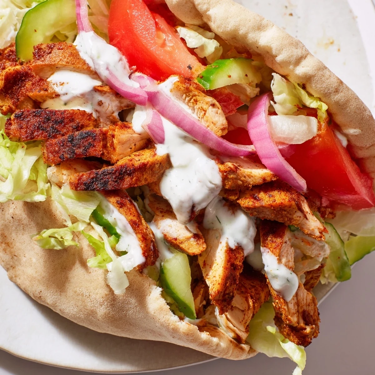 Juicy spiced chicken shawarma wrapped in warm pita with fresh crisp vegetables and creamy garlic sauce