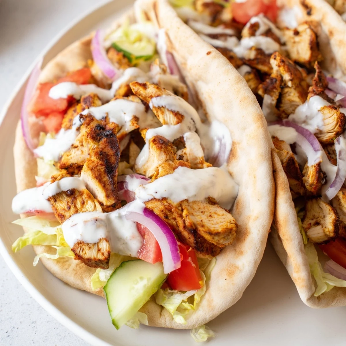 Golden marinated chicken shawarma nestled in soft flatbread alongside crunchy cucumber onion and tangy tahini yogurt drizzle
