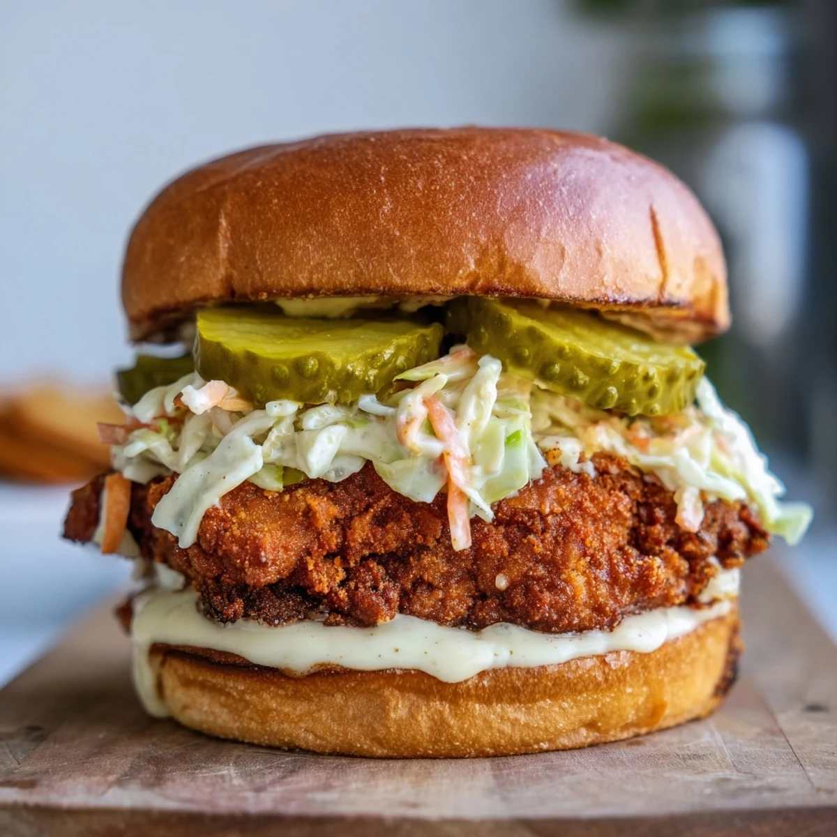 Golden Southern fried chicken burgers topped with tangy cabbage slaw and crispy pickles on toasted buns
