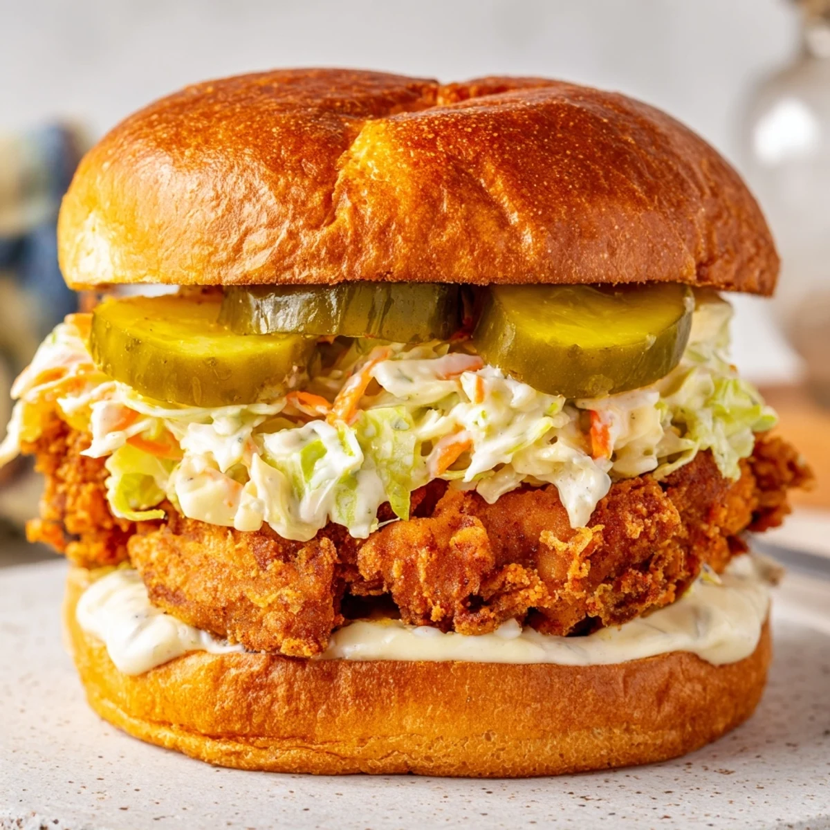 Crispy buttermilk fried chicken fillets layered with fresh coleslaw and dill pickles in soft burger buns