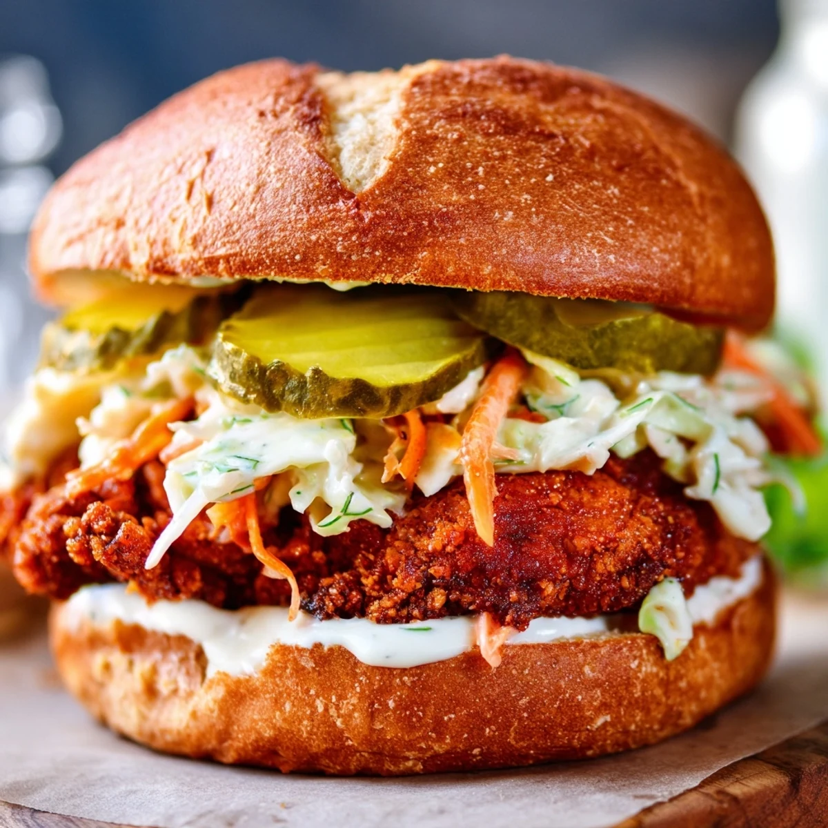 Juicy Southern spiced chicken thigh burgers piled high with crunchy slaw and pickle slices