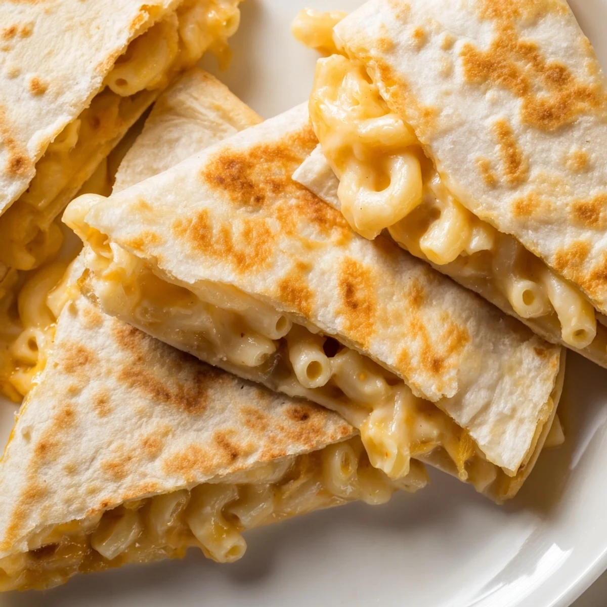 Golden crispy mac and cheese quesadilla with melted cheddar oozing from buttery tortilla