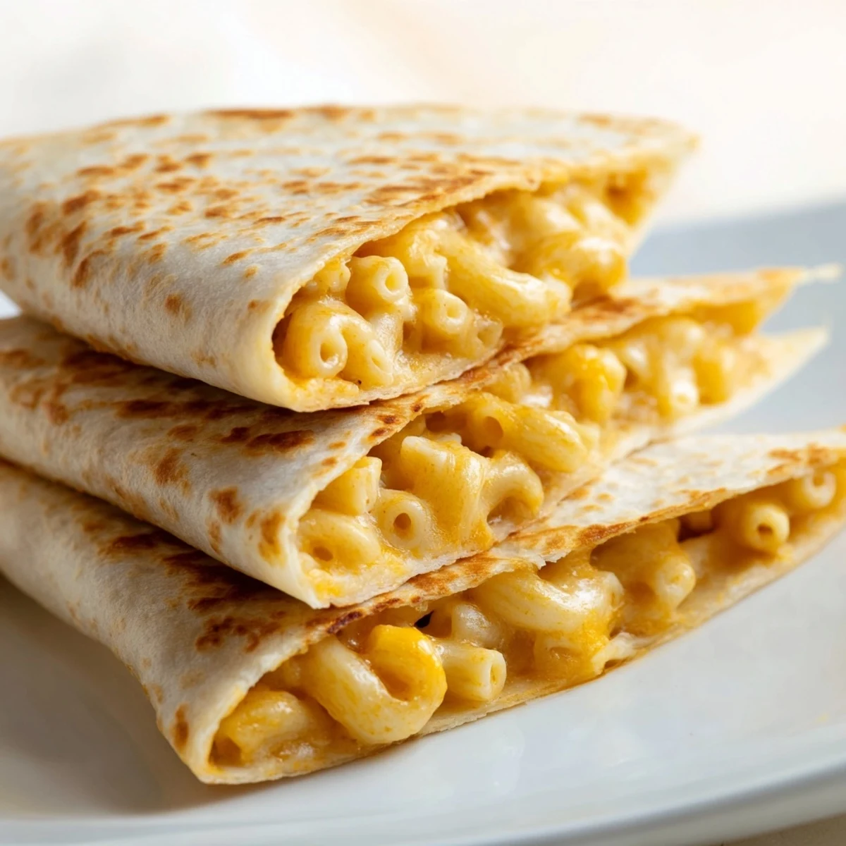 Halved quesadilla revealing creamy macaroni and cheese filling inside golden brown flour tortilla