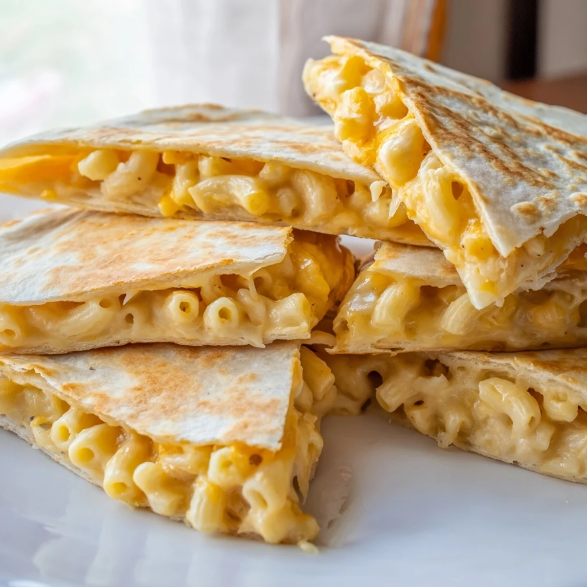 Crispy pan-fried mac and cheese quesadilla cut into wedges on serving plate