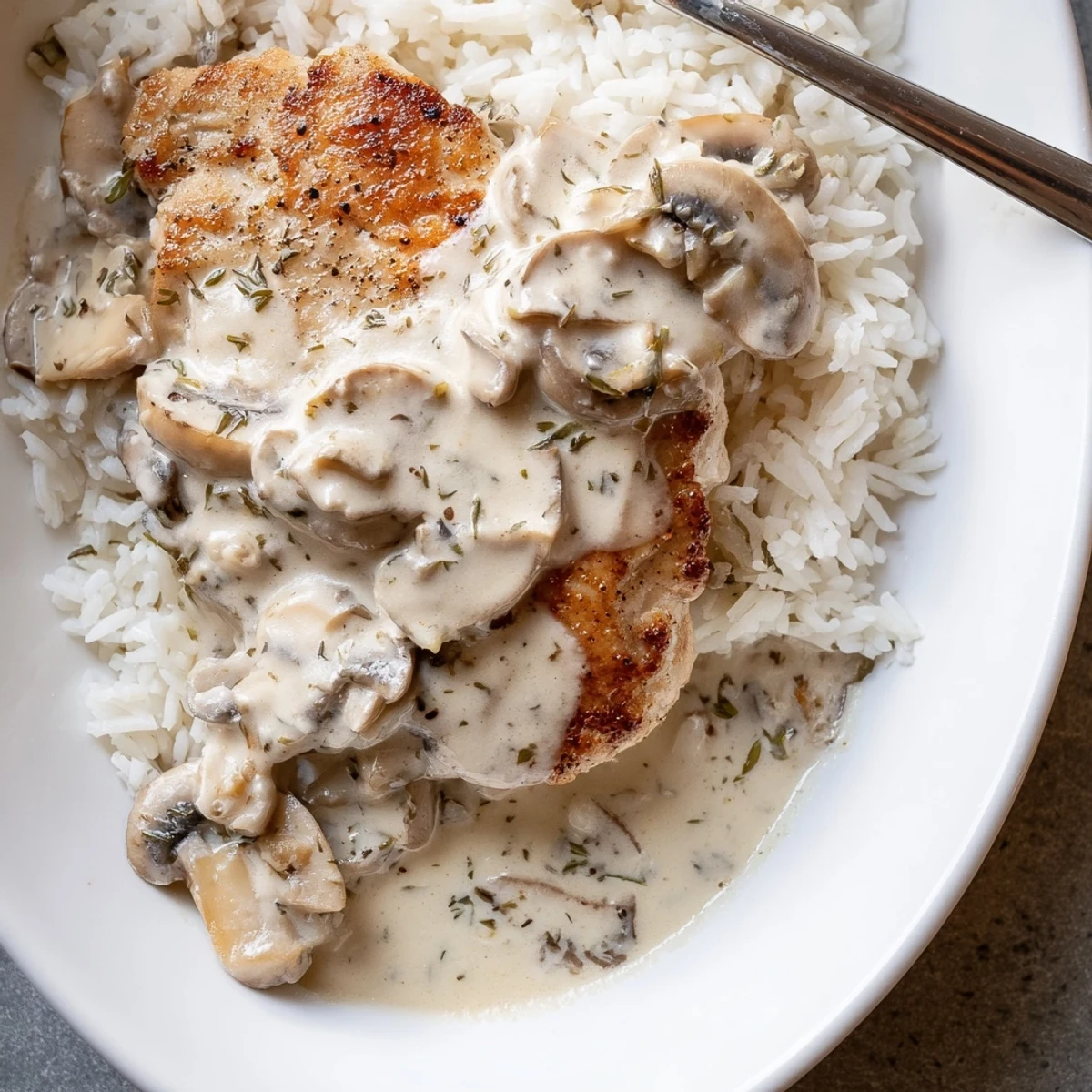 Golden chicken breast resting in a rich Parmesan cream sauce over fluffy white rice in a skillet