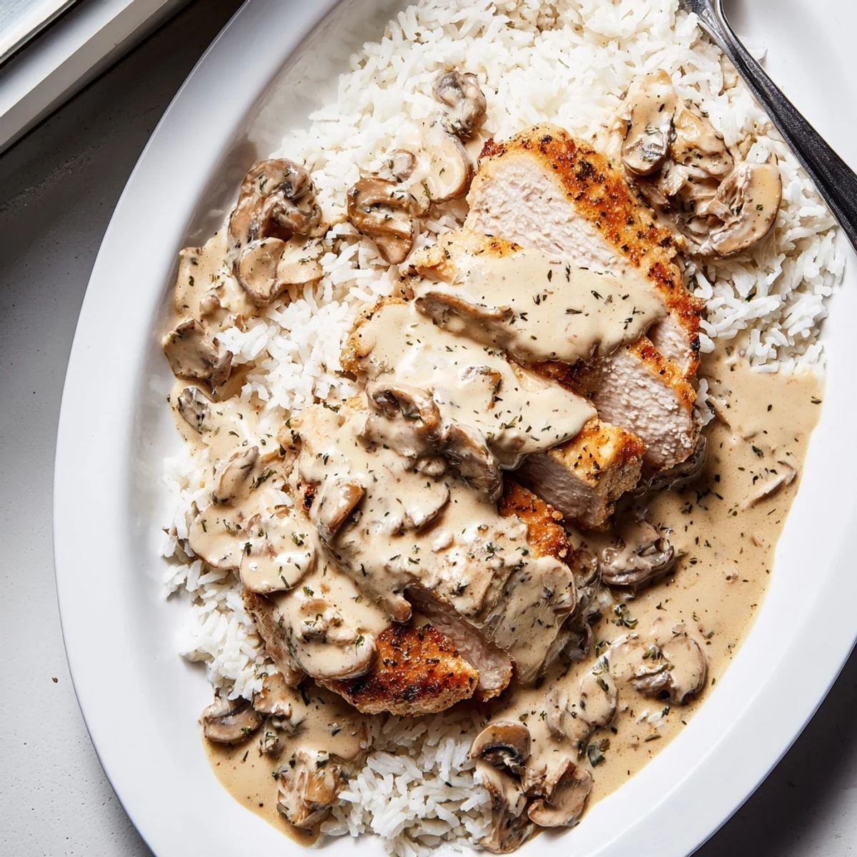 Tender smothered chicken and rice served on a white plate with thick creamy gravy and fresh parsley garnish