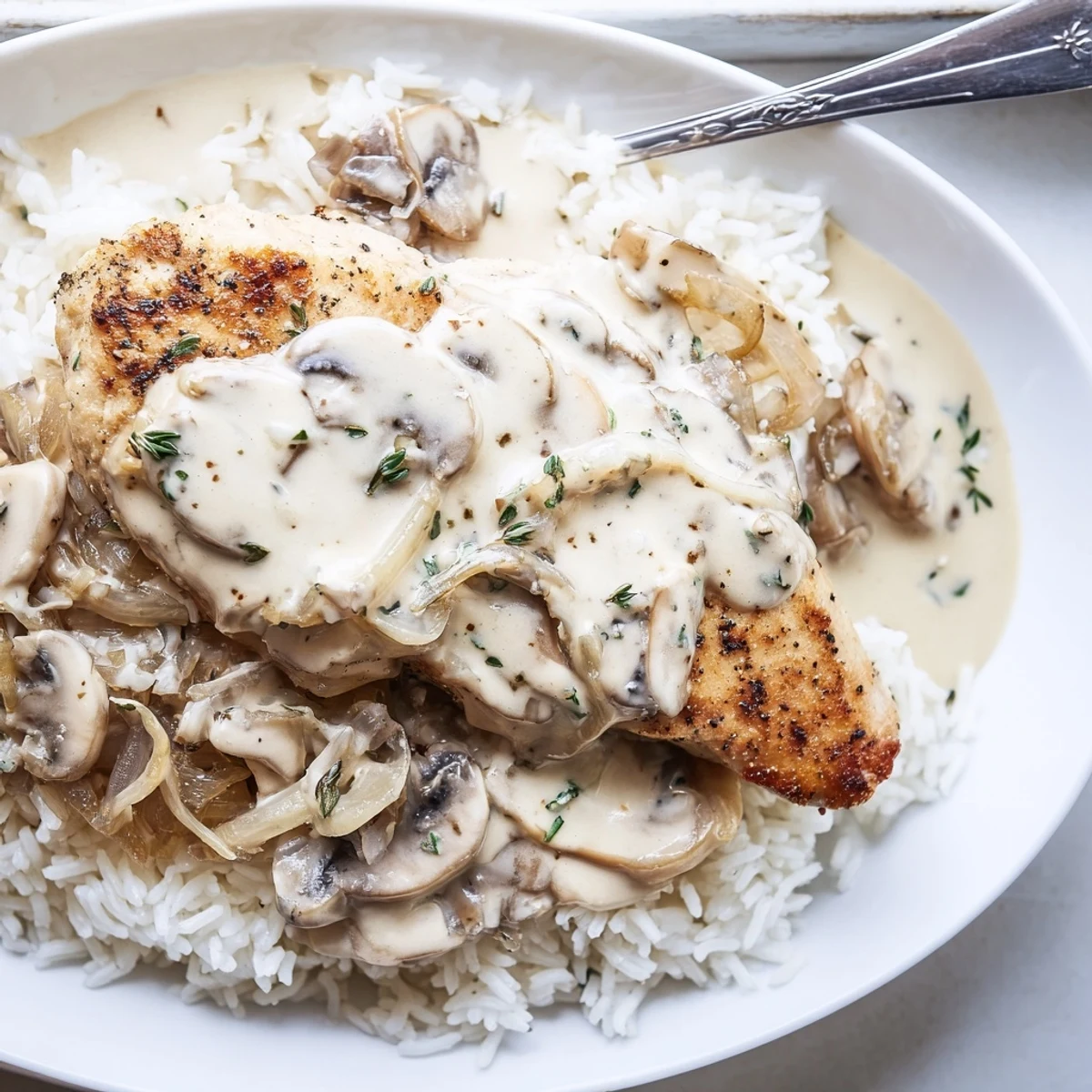 Creamy smothered chicken and rice dinner showing golden seared meat nestled in white sauce with steamed rice grains