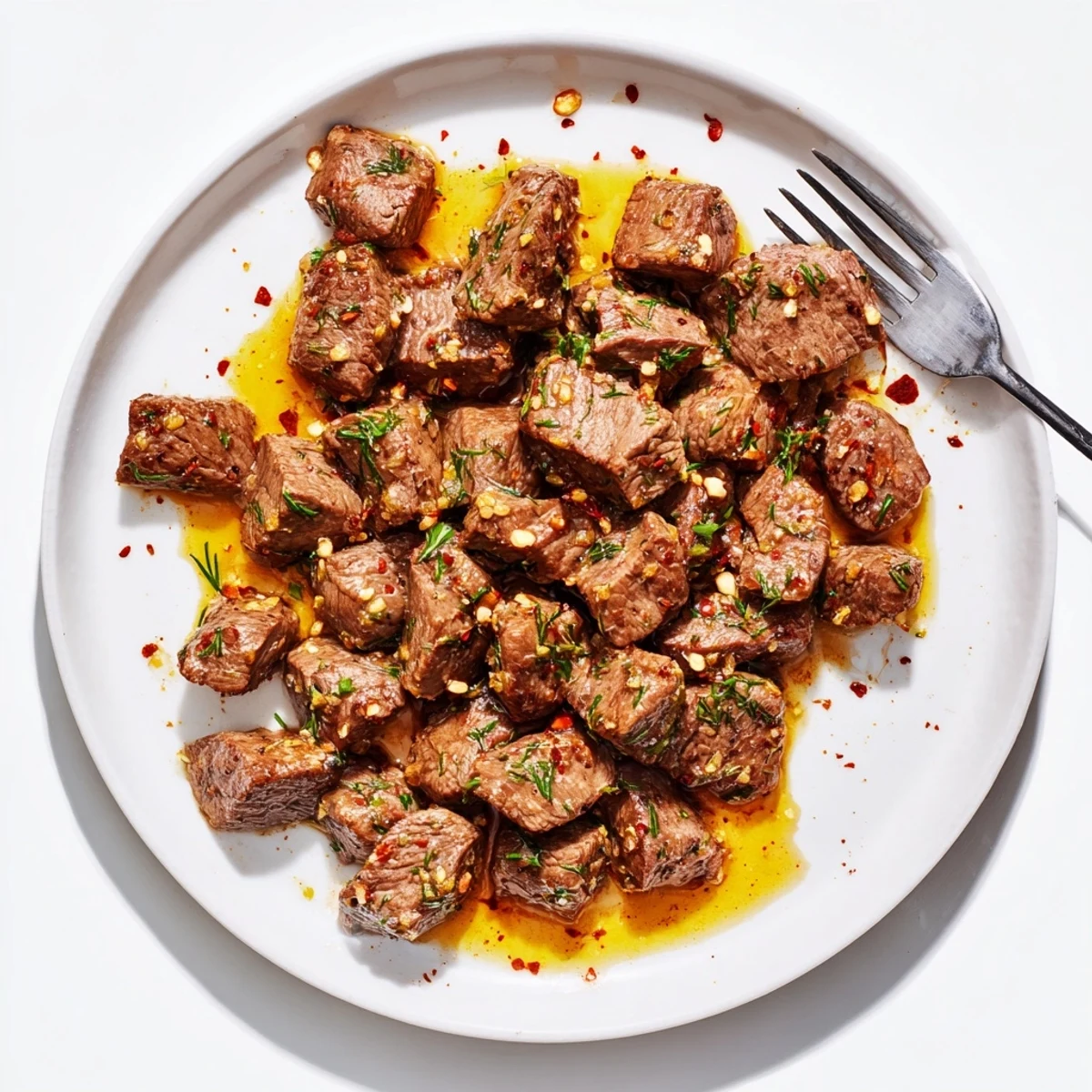 Golden cowboy butter steak bites glistening with garlic herb sauce and fresh parsley garnish