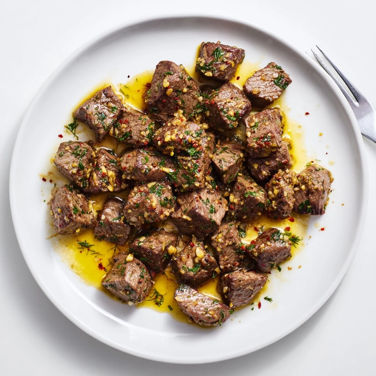 Tender seared steak cubes coated in zesty cowboy butter with red pepper flakes and herbs