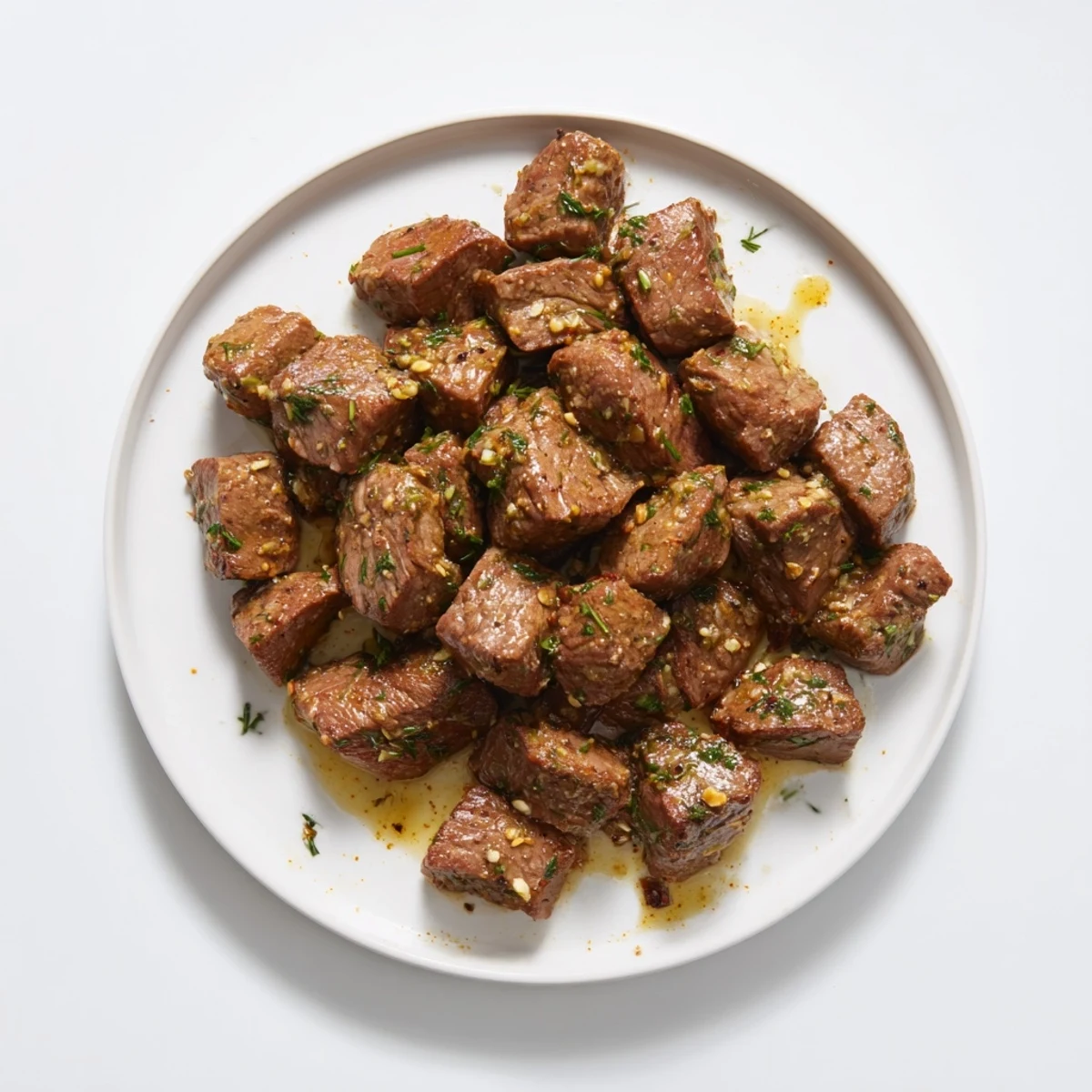 Savory steak bites tossed in melted garlic butter sauce with paprika and chopped fresh chives