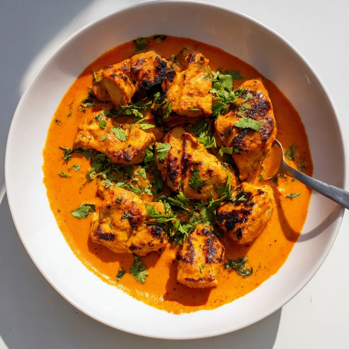 Golden tender chicken pieces swimming in a rich, creamy orange butter sauce with fresh cilantro garnish