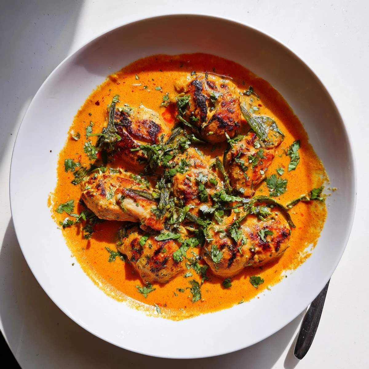 Velvety butter chicken curry served steaming hot over fluffy white basmati rice with warm naan bread