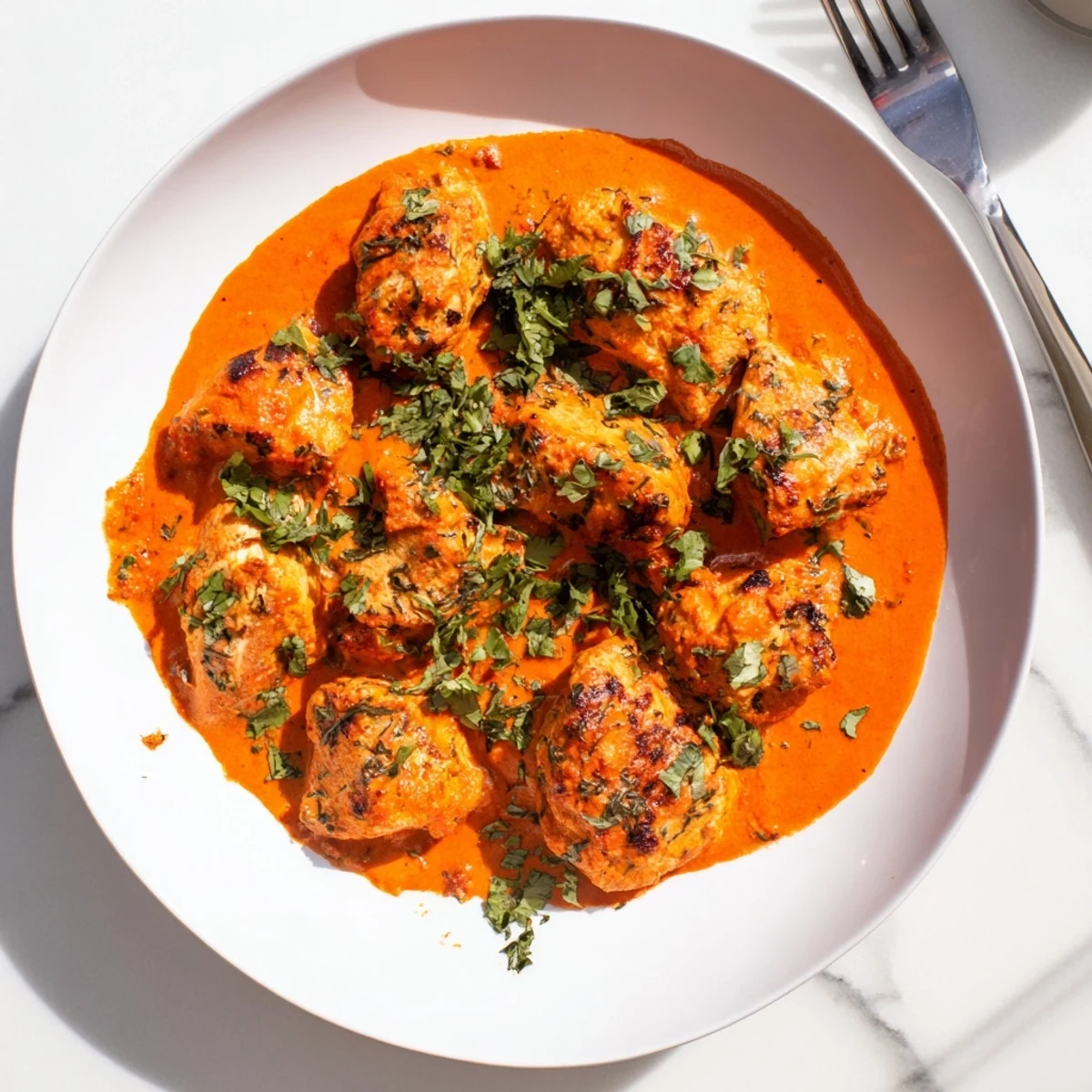 Creamy Indian butter chicken featuring marinated grilled thighs in spiced tomato sauce topped with green herbs