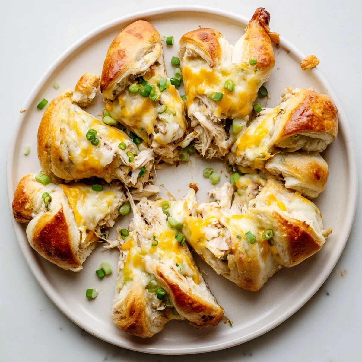Bubbling pan of cheesy chicken crescent bake featuring shredded chicken wrapped in golden pastry
