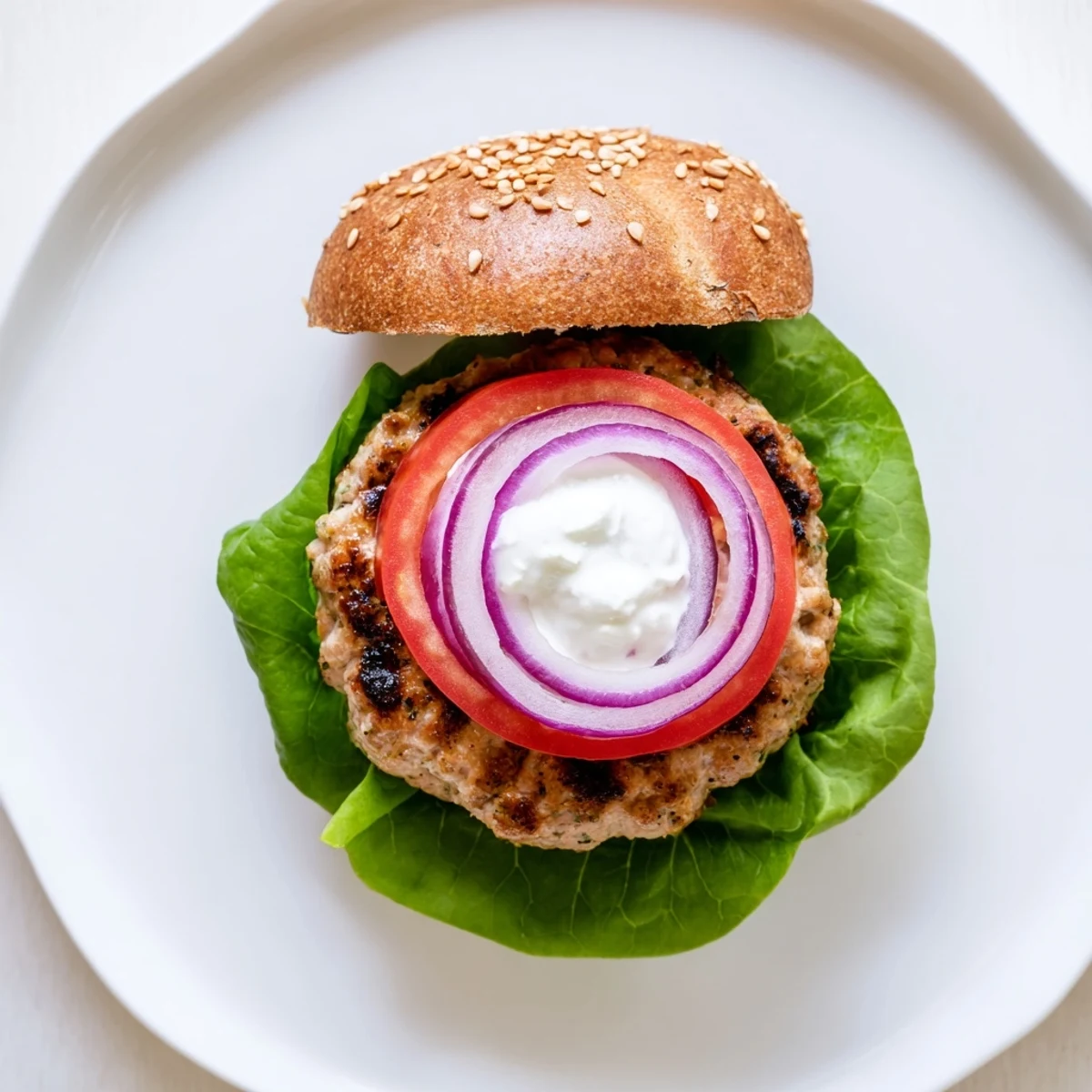 Golden brown healthy high protein burger patty topped with crisp vegetables and creamy Greek yogurt sauce