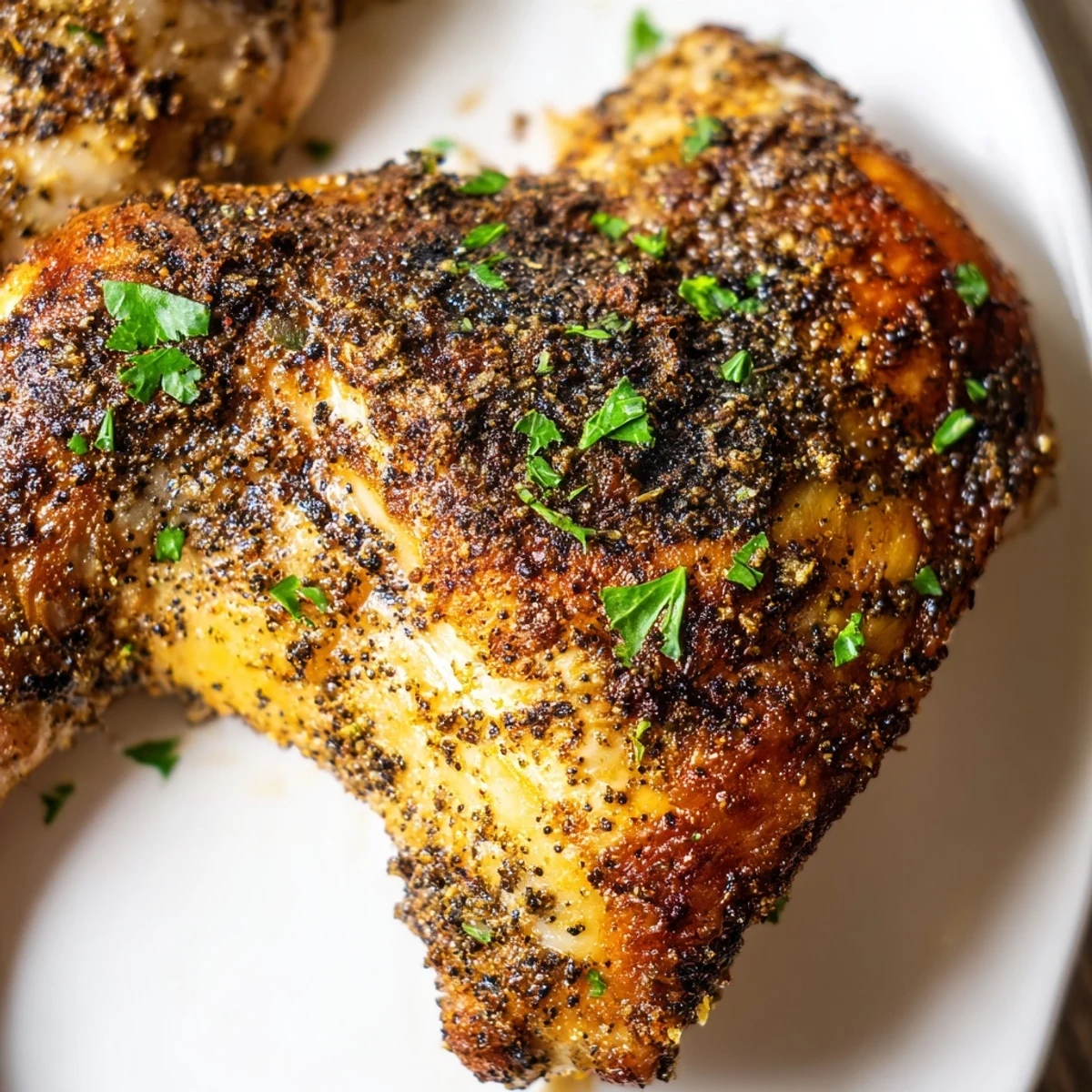 Golden baked chicken leg quarters with crispy seasoned skin resting on a wire rack