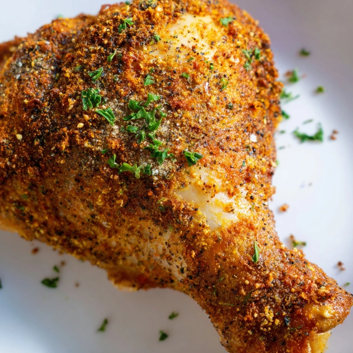 Juicy oven roasted chicken leg quarters with deep golden brown crispy skin, garnished with parsley