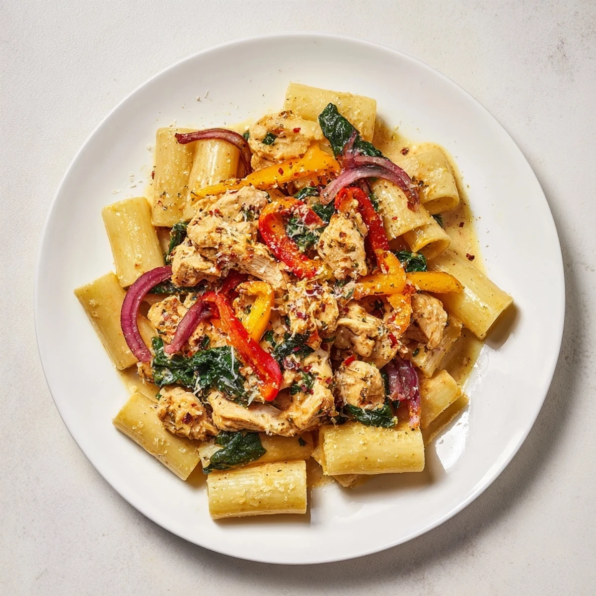 Creamy cowboy butter chicken pasta with colorful peppers and herbs served in a bowl