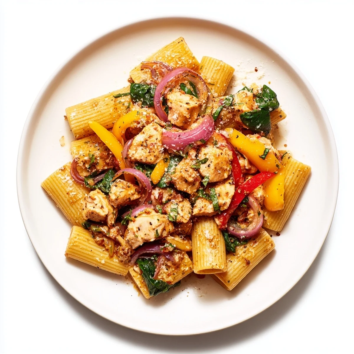 Steaming bowl of cowboy butter chicken pasta featuring tender meat and vibrant red vegetables