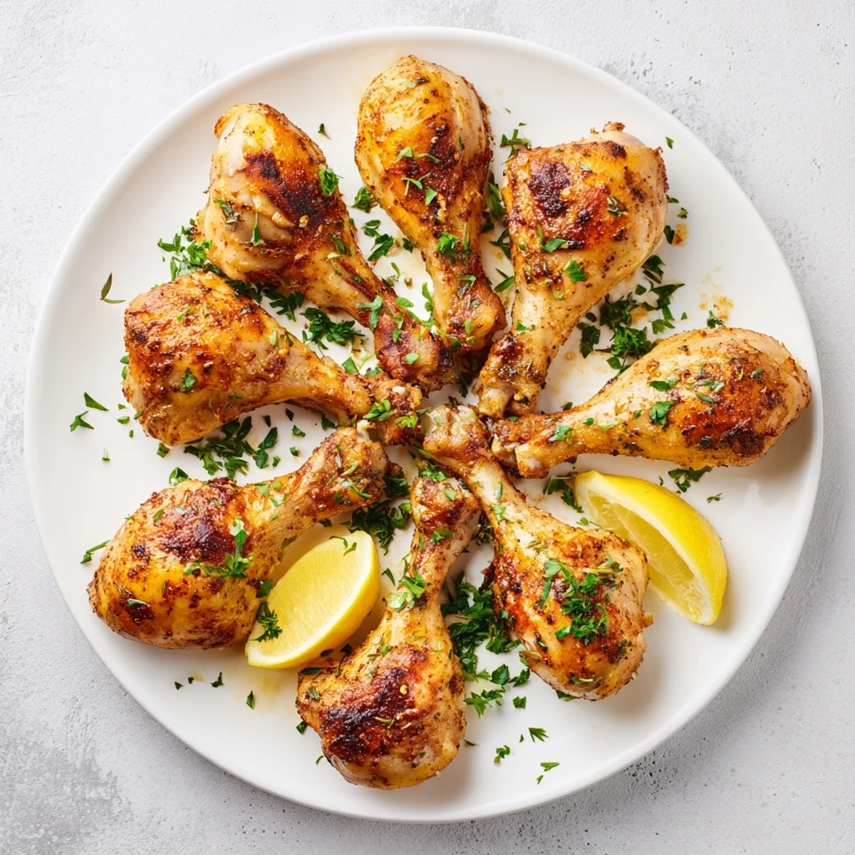 Seasoned oven baked chicken legs garnished with fresh parsley and lemon wedges on plate