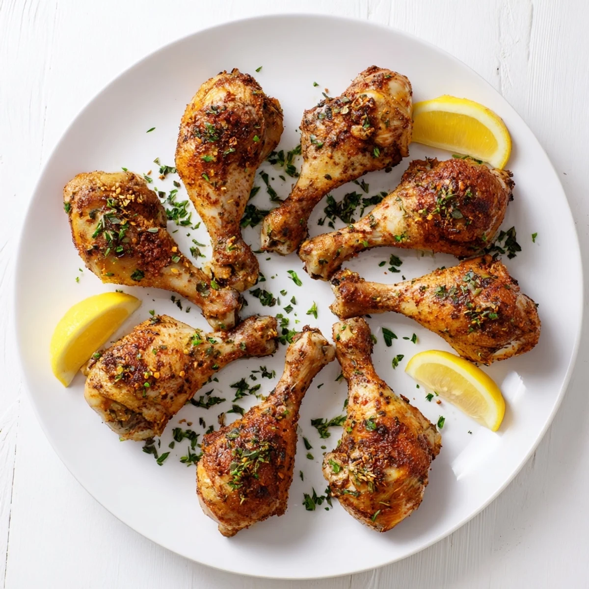 Juicy oven baked chicken legs with spice rub resting on foil lined baking sheet