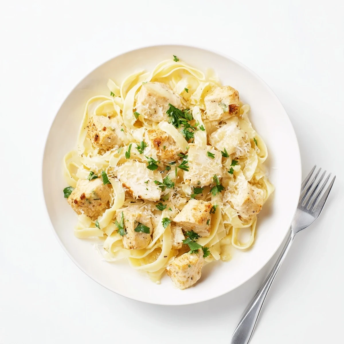 Golden brown chicken breasts resting on buttery egg noodles garnished with fresh parsley and Parmesan cheese