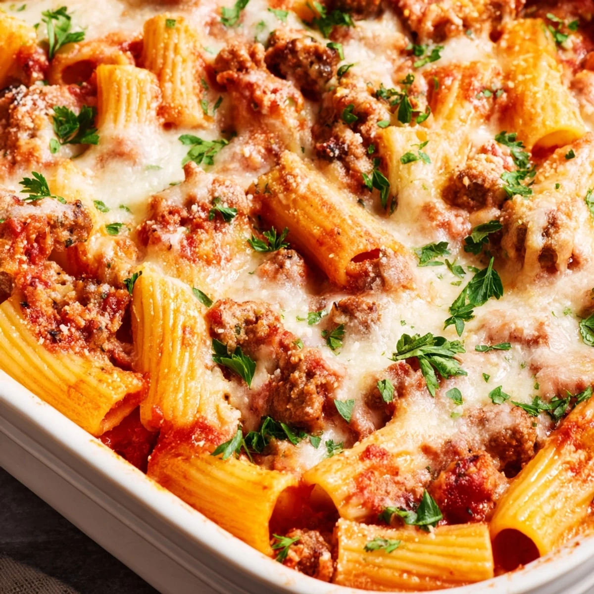 Comforting easy baked rigatoni with ground beef casserole with layers of pasta, savory meat sauce, and Parmesan