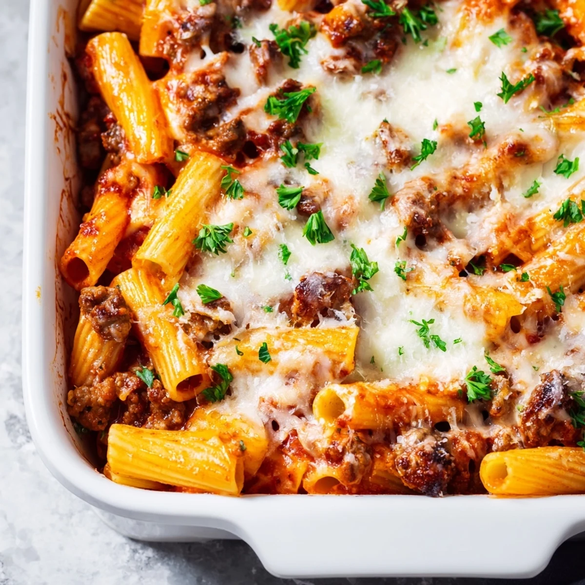Golden baked easy baked rigatoni with ground beef topped with bubbling melted mozzarella and fresh parsley garnish