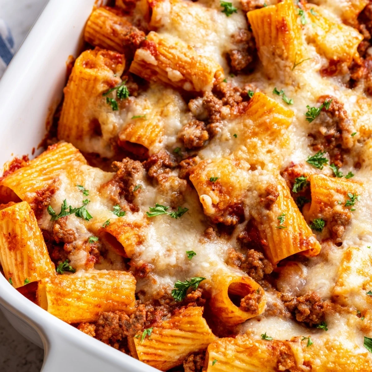 Creamy easy baked rigatoni with ground beef served steaming hot from a 9x13 baking dish with ricotta swirls